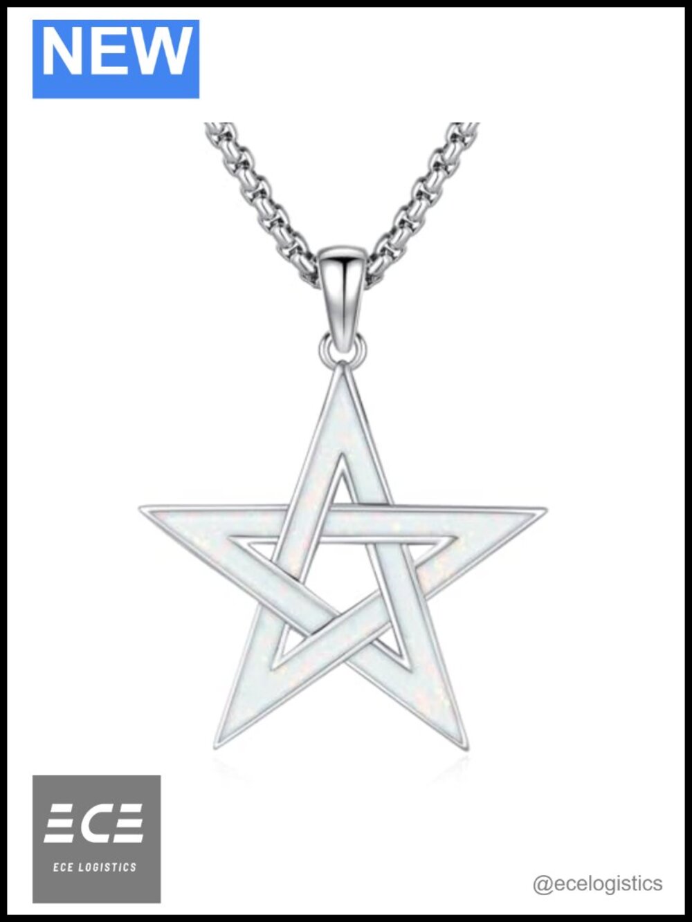 Sterling Silver White Opal Pentacle Star Necklace 20+2" Adjustable